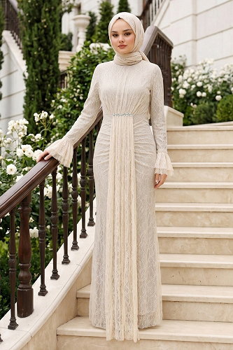 moda selvim Evening Dress 5662DMNK1166 Stone - Thumbnail