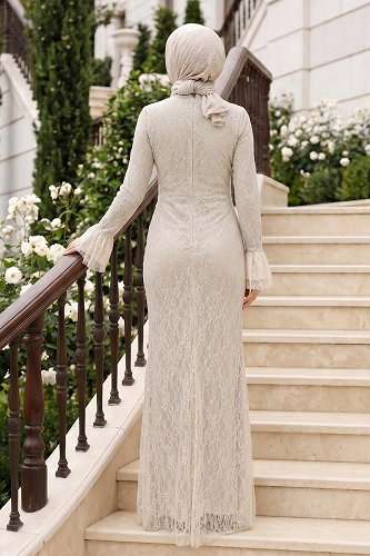moda selvim فستان سهرة بيج 5662DMNK1166 - Thumbnail