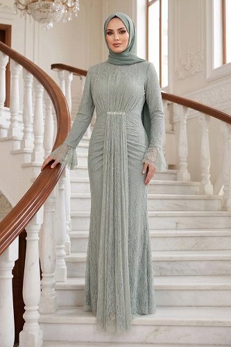 moda selvim Evening Dress 5662DMNK1166 Water Green - Thumbnail