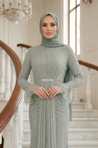 moda selvim فستان سهرة اخضر فاتح 5662DMNK1166 - Thumbnail