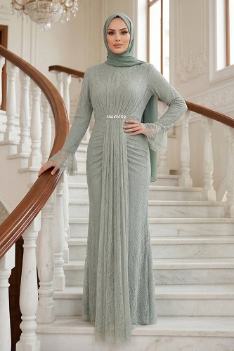 moda selvim فستان سهرة اخضر فاتح 5662DMNK1166 - Thumbnail