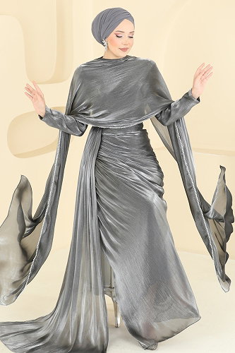 moda selvim Evening Dress 5663DMNK1166 Anthracite - Thumbnail