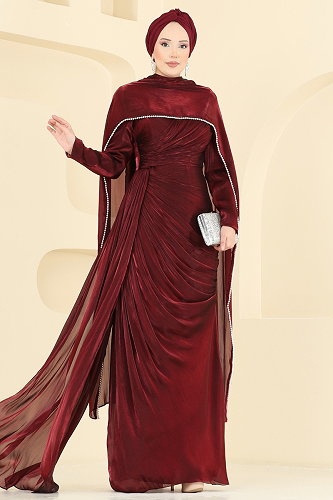 moda selvim Evening Dress 5663DMNK1166 Burgundy - Thumbnail