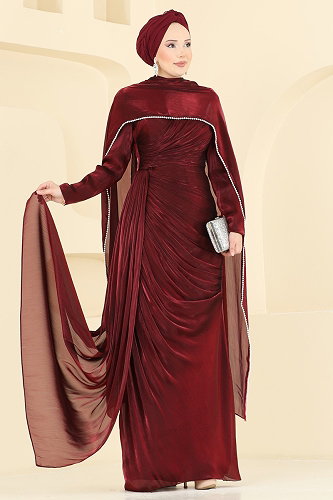 moda selvim فستان سهرة خمري 5663DMNK1166 - Thumbnail