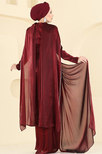 moda selvim فستان سهرة خمري 5663DMNK1166 - Thumbnail