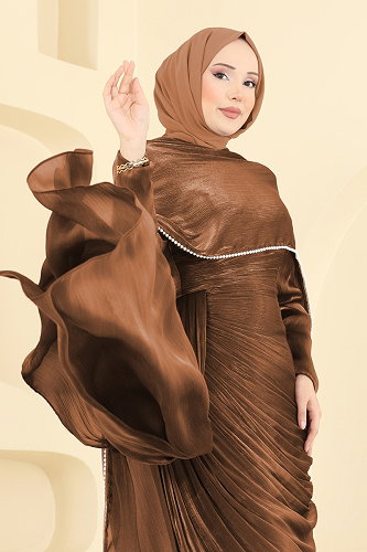 moda selvim فستان سهرة نحاسي 5663DMNK1166 - Thumbnail