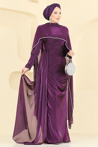 moda selvim فستان سهرة أرجواني 5663DMNK1166 - Thumbnail