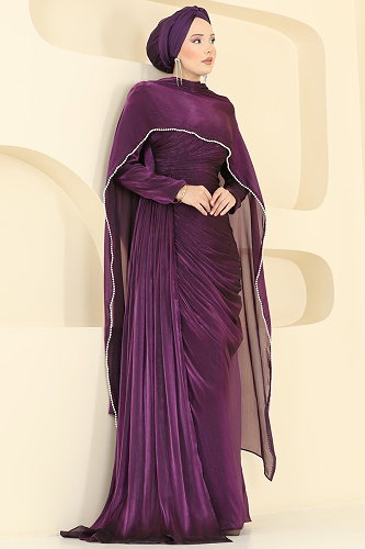 moda selvim فستان سهرة أرجواني 5663DMNK1166 - Thumbnail