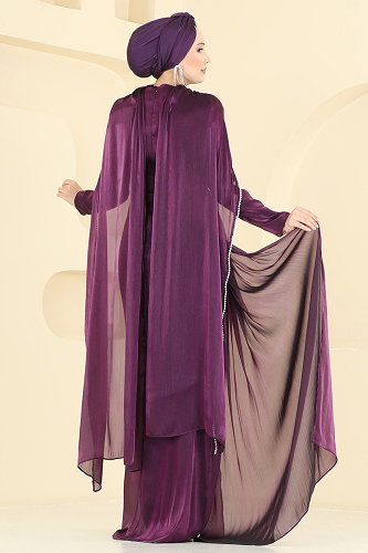 moda selvim فستان سهرة أرجواني 5663DMNK1166 - Thumbnail