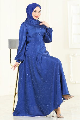 moda selvim Evening Dress 5664EDF311 Saxe - Thumbnail