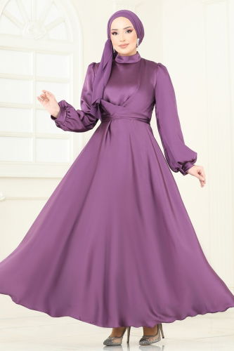 moda selvim Evening Dress 5665EDF311 Dark Lilac - Thumbnail