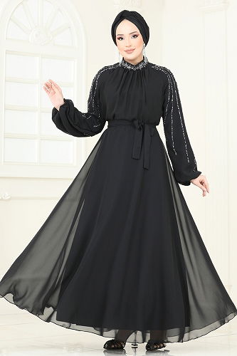 moda selvim Evening Dress 5666EDF311 Black - Thumbnail