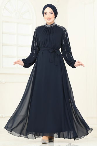 moda selvim Evening Dress 5666EDF311 Navy Blue - Thumbnail