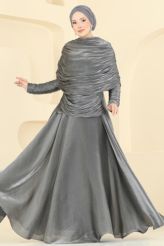 moda selvim Evening Dress 5669DMNK1166 Anthracite - Thumbnail