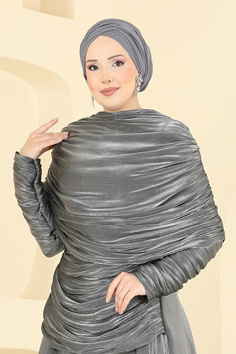 moda selvim فستان سهرة رمادي غامق 5669DMNK1166 - Thumbnail