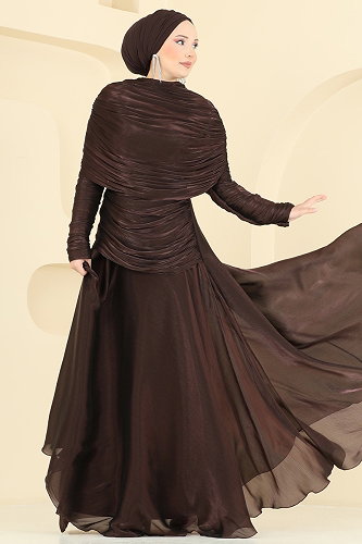 moda selvim Evening Dress 5669DMNK1166 Bitter Brown - Thumbnail