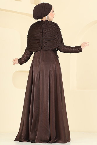 moda selvim Evening Dress 5669DMNK1166 Bitter Brown - Thumbnail