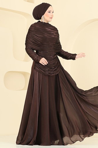 moda selvim فستان سهرة بني غامق 5669DMNK1166 - Thumbnail