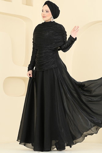moda selvim Evening Dress 5669DMNK1166 Black - Thumbnail