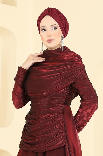 moda selvim فستان سهرة خمري 5669DMNK1166 - Thumbnail