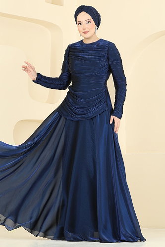 moda selvim Evening Dress 5669DMNK1166 Navy Blue - Thumbnail