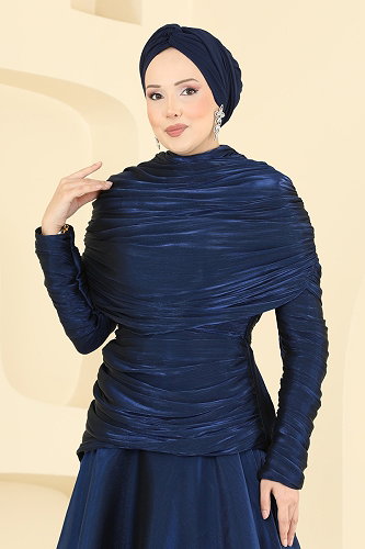 moda selvim فستان سهرة كحلي 5669DMNK1166 - Thumbnail