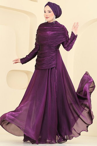 moda selvim Evening Dress 5669DMNK1166 Purple - Thumbnail