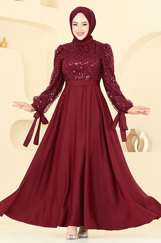 moda selvim Evening Dress 5670EDF311 Burgundy - Thumbnail
