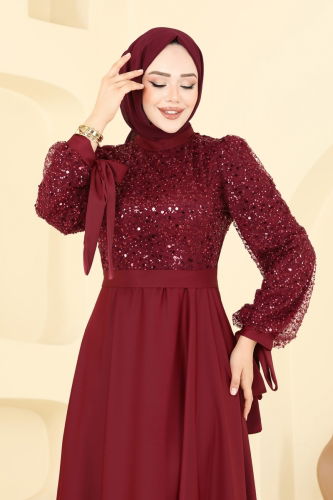 moda selvim Evening Dress 5670EDF311 Burgundy - Thumbnail