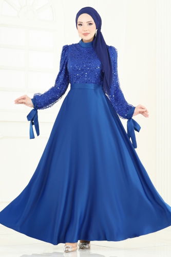 moda selvim Evening Dress 5670EDF311 Saxe - Thumbnail