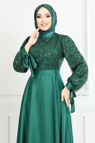 moda selvim فستان سهرة زيتي 5670END900-M - Thumbnail