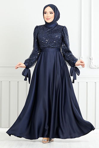 moda selvim فستان سهرة كحلي 5670END900-M - Thumbnail