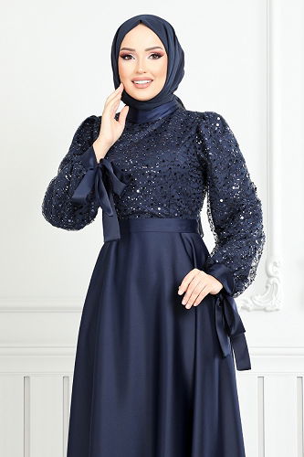 moda selvim فستان سهرة كحلي 5670END900-M - Thumbnail