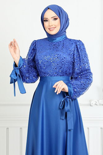 moda selvim فستان سهرة نيلي 5670END900-M - Thumbnail