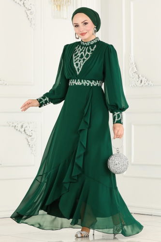 moda selvim Evening Dress 5671AB368 Emerald - Thumbnail