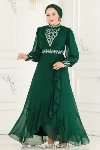 moda selvim Evening Dress 5671AB368 Emerald - Thumbnail