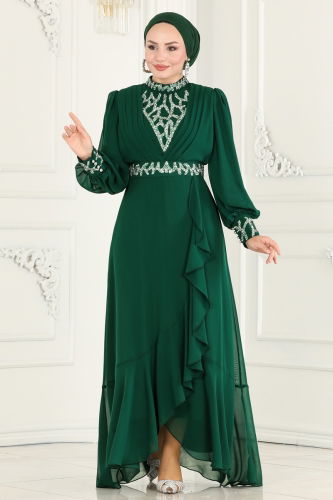 moda selvim Evening Dress 5671AB368 Emerald - Thumbnail