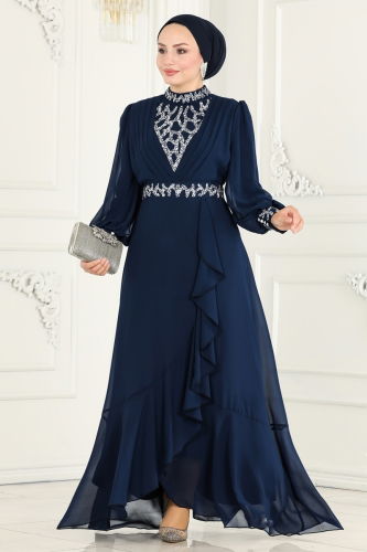 moda selvim Evening Dress 5671AB368 Navy Blue - Thumbnail