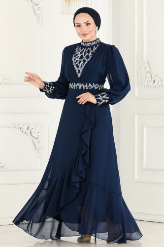 moda selvim Evening Dress 5671AB368 Navy Blue - Thumbnail