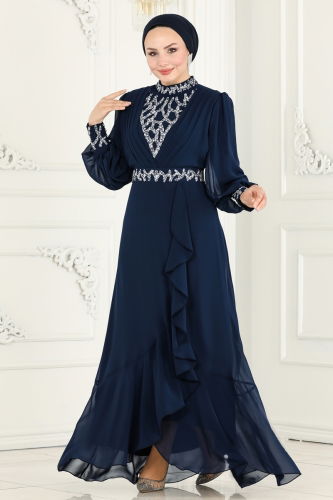 moda selvim Evening Dress 5671AB368 Navy Blue - Thumbnail