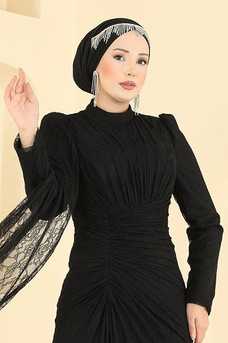moda selvim Evening Dress 5672DMNK1166 Black - Thumbnail