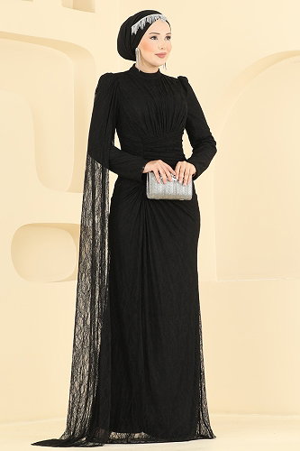 moda selvim فستان سهرة أسود 5672DMNK1166 - Thumbnail