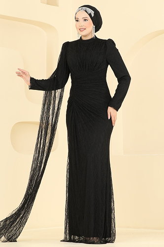 moda selvim فستان سهرة أسود 5672DMNK1166 - Thumbnail