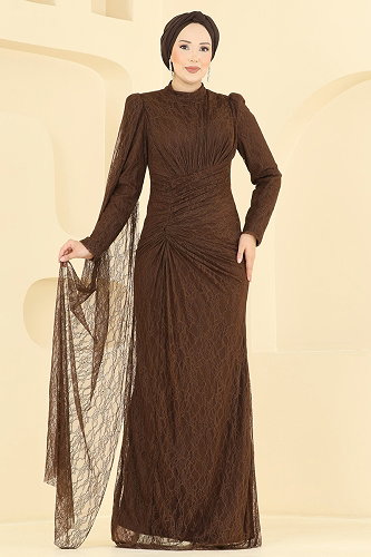 moda selvim Evening Dress 5672DMNK1166 Brown - Thumbnail