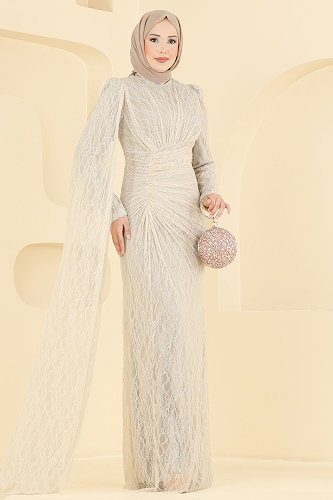 moda selvim Evening Dress 5672DMNK1166 Stone - Thumbnail