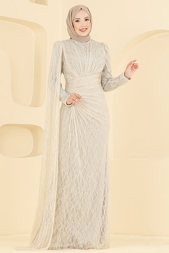 moda selvim Evening Dress 5672DMNK1166 Stone - Thumbnail