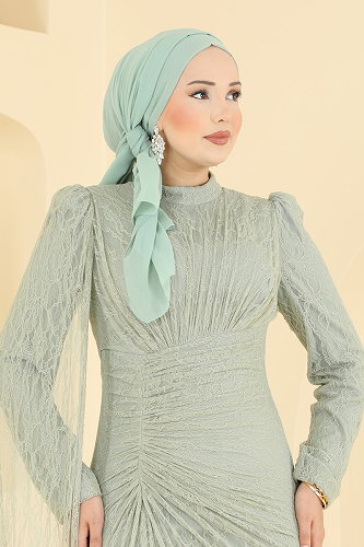 moda selvim فستان سهرة اخضر فاتح 5672DMNK1166 - Thumbnail