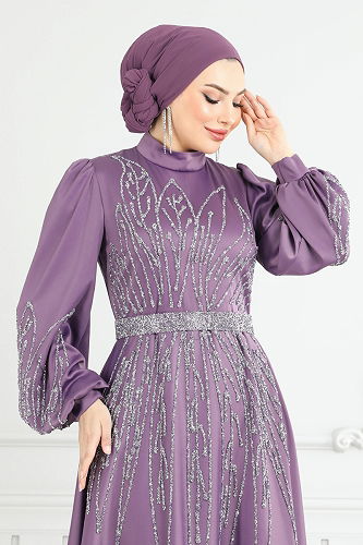 moda selvim Evening Dress 5675EDF311 Dark Lilac - Thumbnail