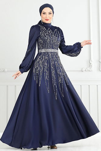 moda selvim Evening Dress 5675EDF311 Navy Blue - Thumbnail