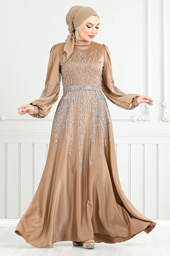 moda selvim Evening Dress 5675END900-M Light Brown - Thumbnail